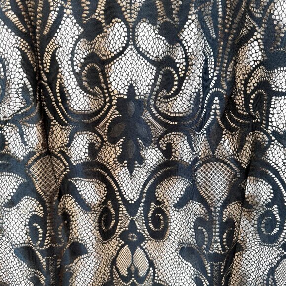 Simply Liliana Black Lace Sheath Dress Sheer Sleeves Tan Lining Sz. 6 - Picture 4 of 9